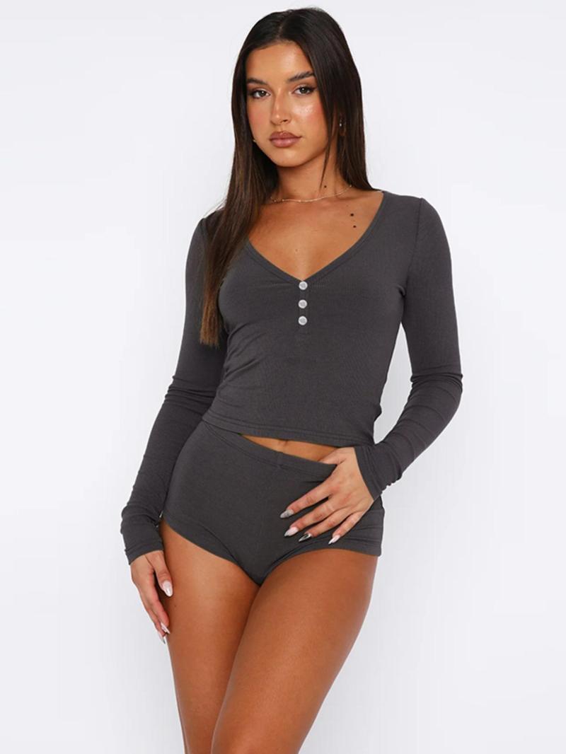 Two-Piece Set Women's Solid Long Sleeve Crop Top & High Waist Shorts Set, Button Front V Neck Top & Shorts Two-piece Set for Spring & Fall, Women's Two-piece Outfits