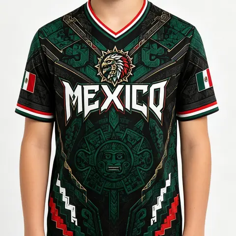 Boys' Mexican Theme Short Sleeve Soccer Jersey, Mexico Soccer Shirt, V-Neck Quick-Dry T-Shirt, All over Print, Loose-Fit, Casual Sporty Top, Sports Clothing, Jersey Tops, Ideal for Sports & Gifts