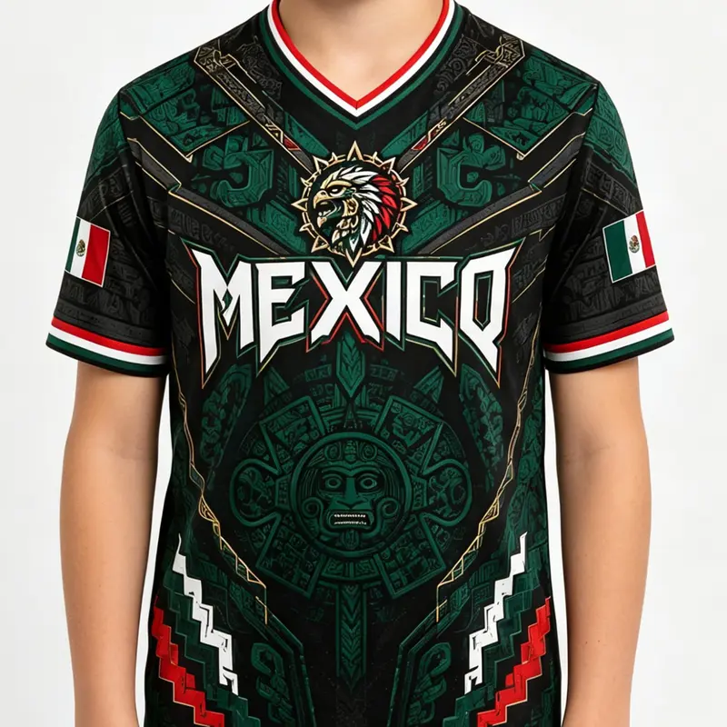 Boys' Mexican Theme Short Sleeve Soccer Jersey, Mexico Soccer Shirt, V-Neck Quick-Dry T-Shirt, All over Print, Loose-Fit, Casual Sporty Top, Sports Clothing, Jersey Tops, Ideal for Sports & Gifts