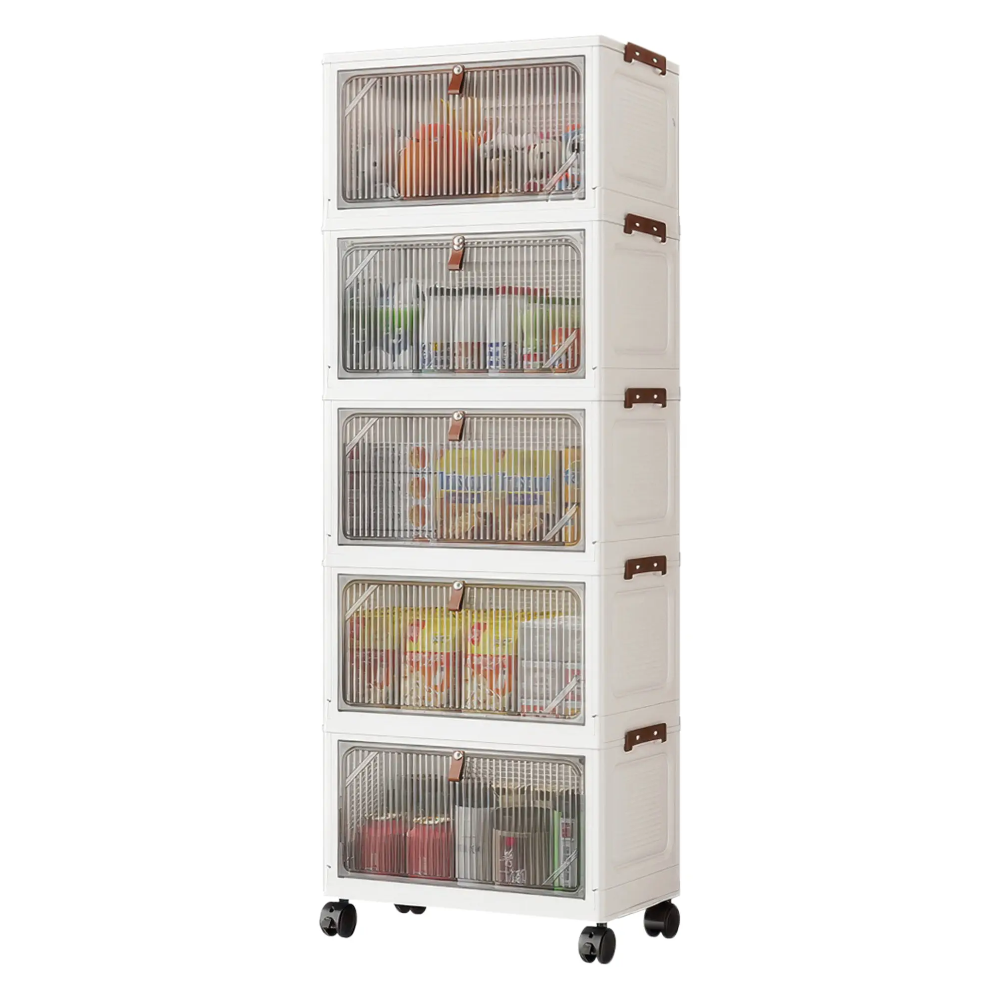 5-Tier Ribbed Collapsible PP Plastic Storage Boxes & Organiser Cabinet, Foldable Stackable Bins With Wheels, Flip-Down Doors, Large Capacity For Home & RV Use