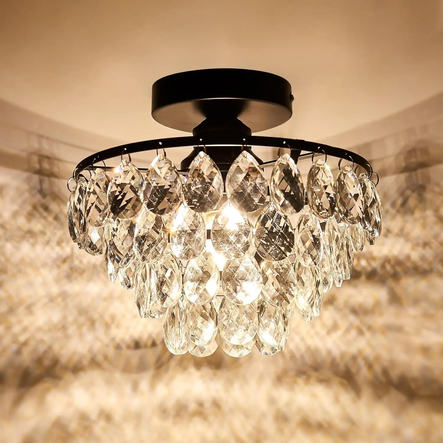 Modern Small Crystal Ceiling Light Fixture Mini Black Semi Flush Mount Chandelier Light Fixture for Hallway Bedroom Bathroom Closet e26