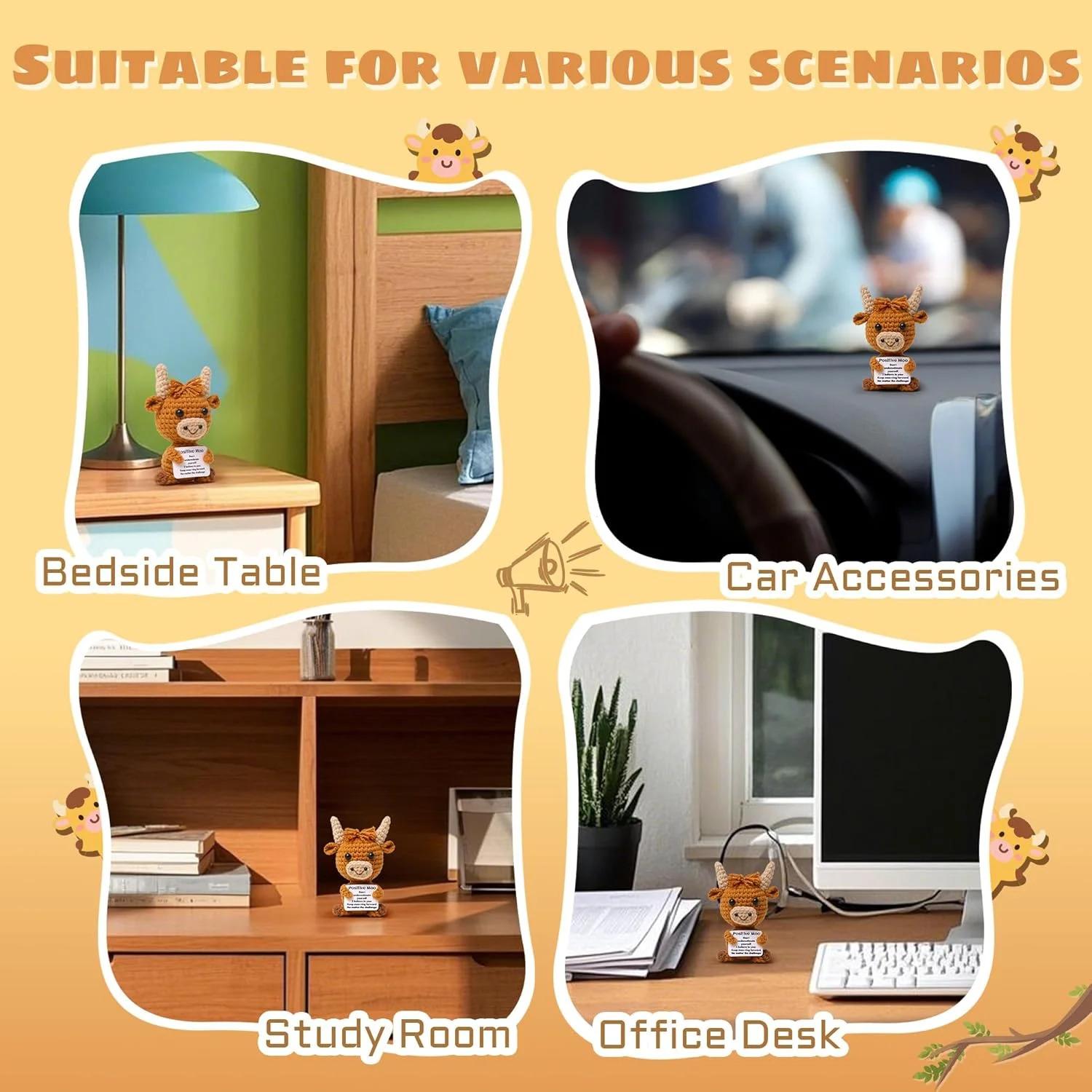 Mini Highland Cow Knitted Wool Toy with Positive Affirmation Card, Cute Crochet Emotional Support Doll, Perfect Cheer Up Gift for Women Students Friends, Adorable Christmas Keepsake & Heartwarming Home Decor to Bring Comfort and Encouragement