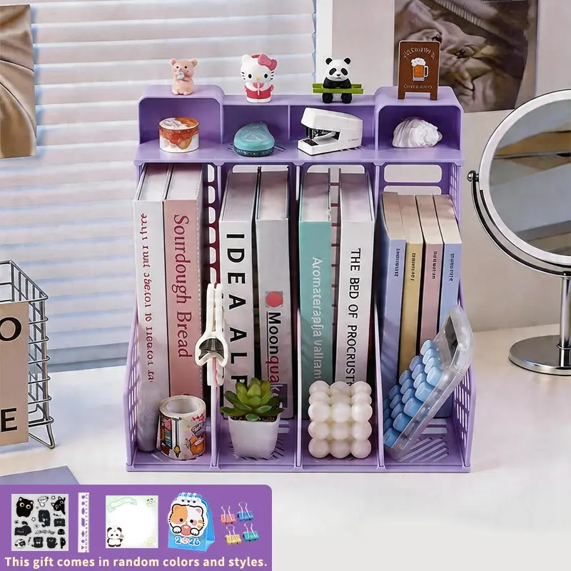 Integrated 4-Compartment Book Stand with Top Multi-Slot Storage, Dual-Layer Design for Books, Files, Office Supplies