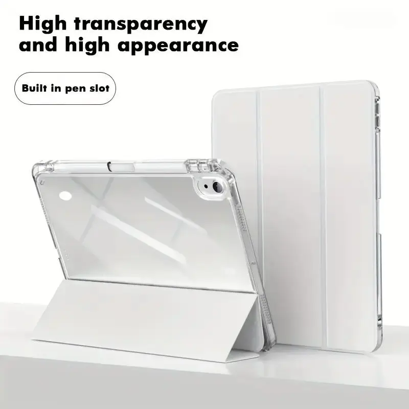 Solid Color Folding Tablet Cover with High-Transparency & Integrated Pen Slot - Accessories for iPad Mini, Air, Pro, 10th/11th Gen, Samsung Devices
