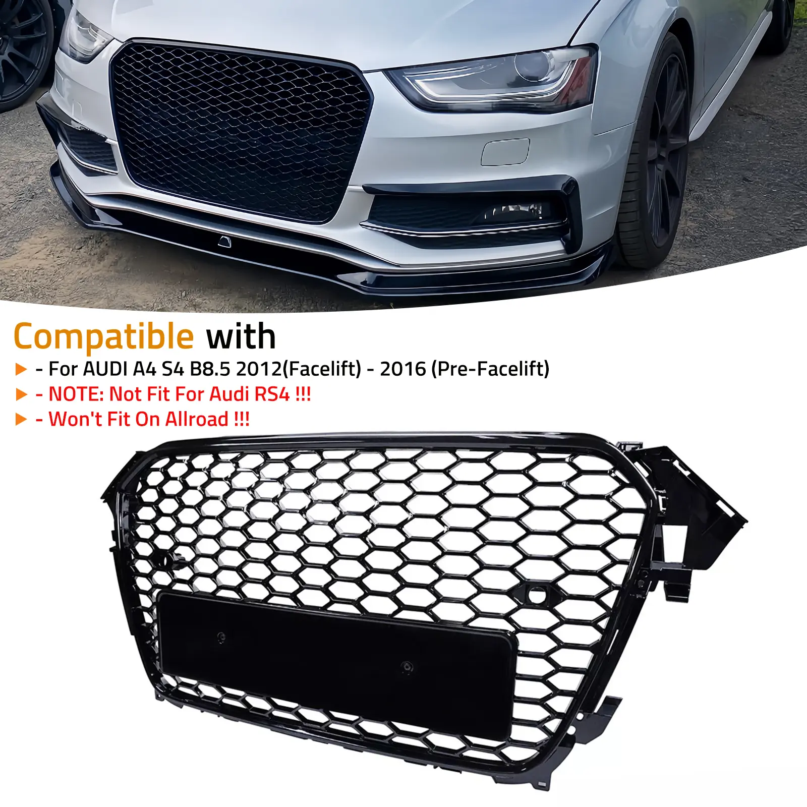 Front Central Sport Grill Panel for Audi A4 S4 B8.5 RS4 Saloon Estate B8.5 Facelift 2013-2016, Honeycomb Mesh Grille, Glossy Black, Sport Look for Older Cars