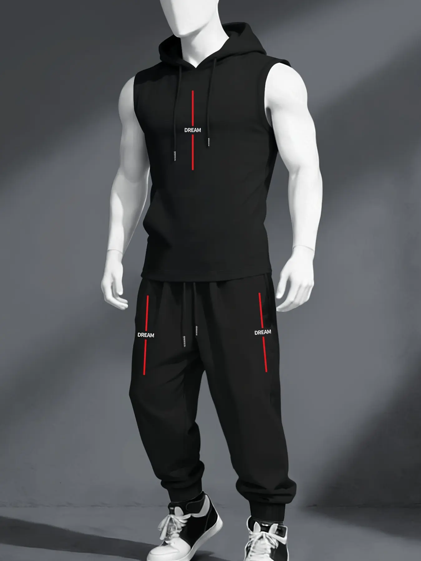 2 Piece Men Drawstring Hooded Sleeveless Tank & Jogger Pants Matching Set Minimal Red Vertical Line DREAM Print Breathable Lightweight Athletic Casual Gym Streetwear Workout Tracksuit