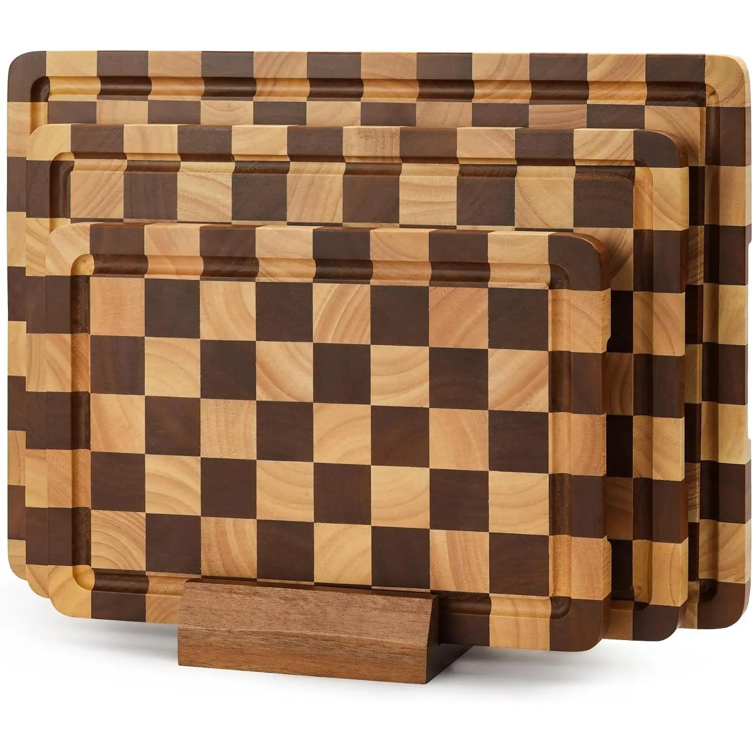 Checkered Cutting Board Set, 3-Piece Wood Checkerboard End Grain Chopping Boards with Holder & Juice Groove Wooden Kitchen Cutting Board for Cooking and Serving (S, M, L)