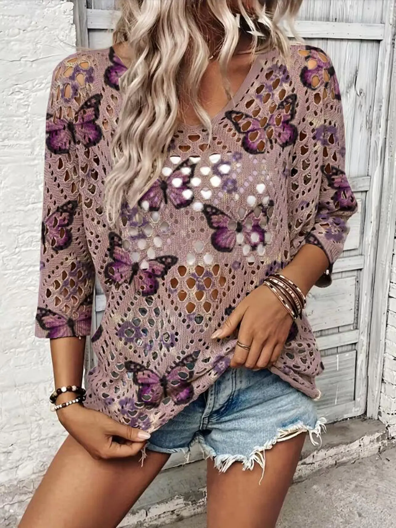 Women's Spring Summer Butterfly Print Sweater, Hollow Out V Neck Three-Quarter Sleeve, Casual Elegant Commute Top, Long Sleeve Knitwear