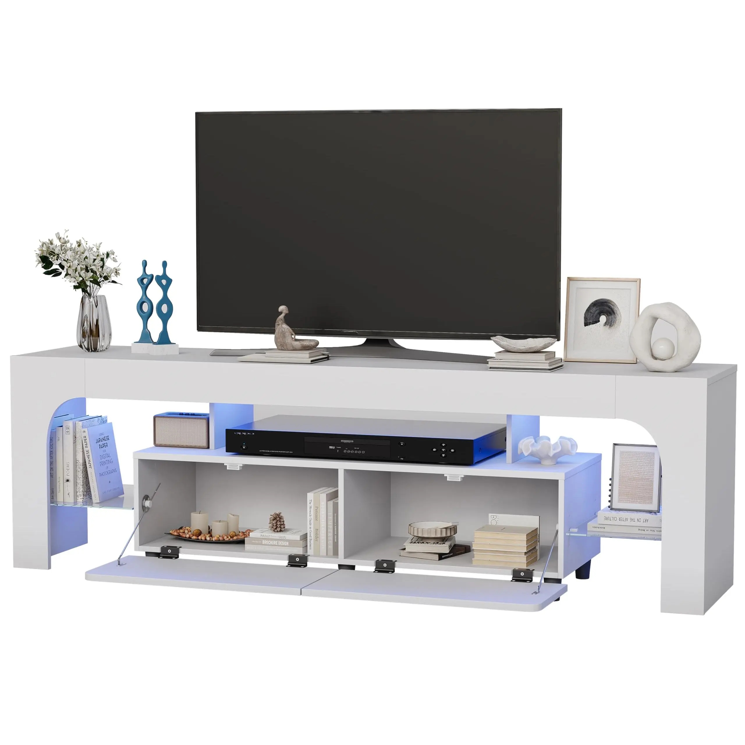 Garvee Modern Entertainment Center with LED Lights, Featuring 2 Drawers & Open Shelf Console Table, Remote Control Color LED, Suitable for Up to 70 Inch Displays, White Finish for Living Room Storage