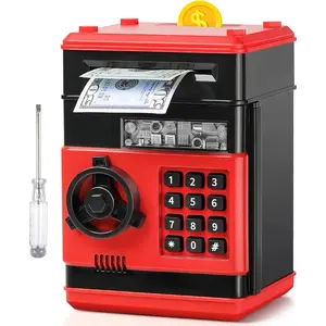 ATM Piggy Bank for Boys Girls, Mini ATM Coin Bank Money Saving Box with Password, Kids Safe Money Jar for Adults with Auto Grab Bill Slot, Great Gift Toy Bank for Kids (RedBlack 02)