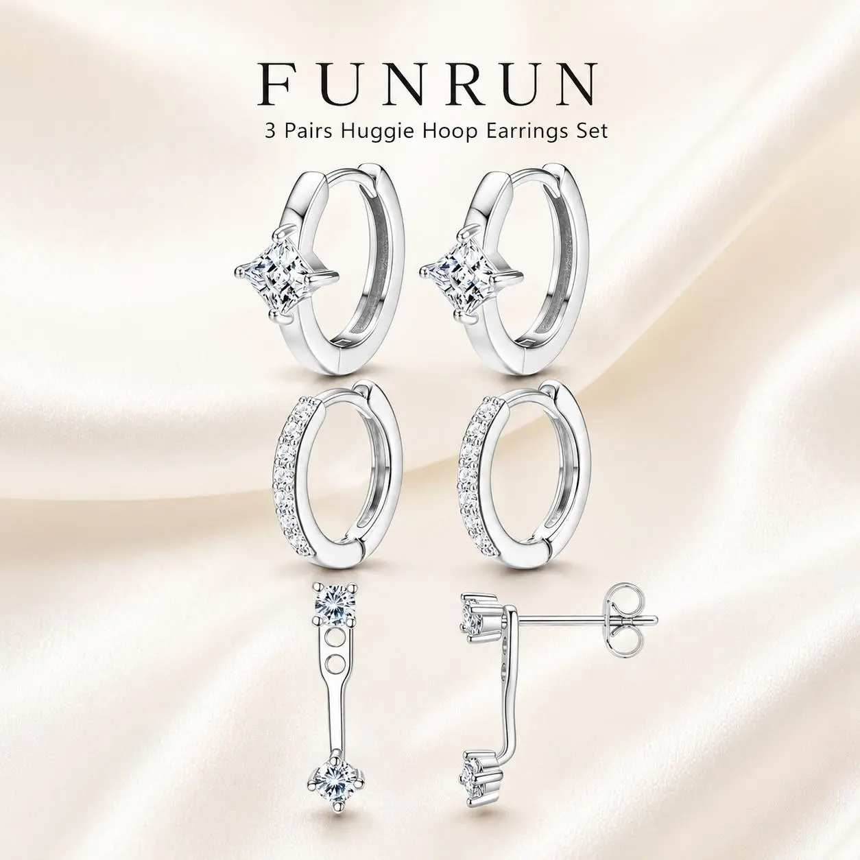 FUNRUN 3-Pair CZ Earring Set for Women, 2 Pairs Silver-Tone Huggie Hoops and 1 Pair Double CZ Ear Jacket Studs with S925 Posts, Stackable Lobe Helix Cartilage Earrings