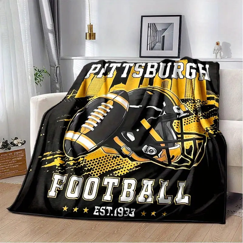 Pittsburgh Football City Skyline Helmet Flannel Throw Blanket Black & Gold Sports EST.1933 Warm Blanket Gift Steelers Fans All Ages