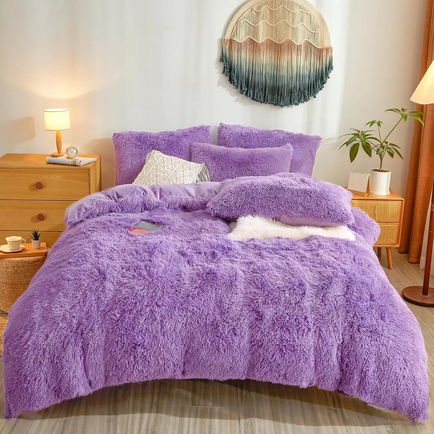 Plush Fluffy Purple Comforter Cover Queen Set – Faux Fur Plush Purple Bedding 3-Piece Set (1 Duvet Cover + 2 Furry Pillow Shams) Cozy Bed Set