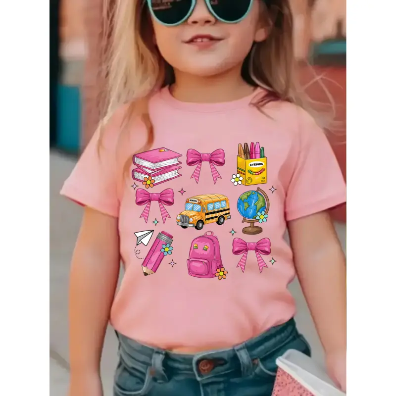 Girls' Fashion T-Shirt: Comfortable and breathable, soft short sleeves. New spring/summer style for girls' back-to-school season, featuring fashionable prints. Suitable for everyday wear at kindergarten and for cute girls