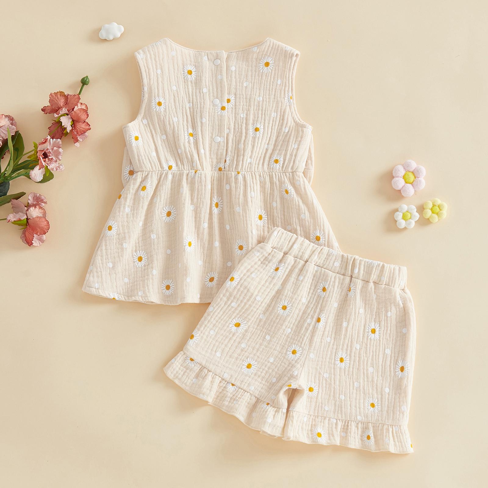 Toddler Baby Girl Outfit Summer Clothes Bow Print Bowknot Smocked Camisole Tank Top Ruffle Shorts Set