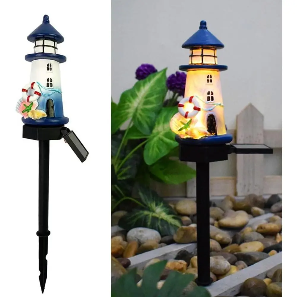 Solar Blue and White Small Lighthouse Atmosphere Lights, Garden and Courtyard Decoration Resin Cute House Floor Lamp, Wireless Dusk to Dawn LED Lights Waterproof.