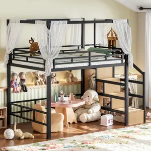 [Bellemave] Full/Queen Size Metal Loft Bed with Storage Stairs, Built-in Wardrobe and Canopy Frame, Black Loft Bed with Ample Underbed Space for Small Bedroom﻿﻿
