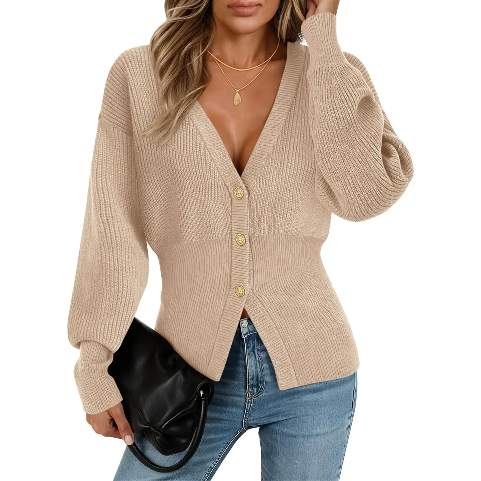 Aoysky Women's Long Sleeve Knitting Cardigan, 2026 Chunky Open-Front V-Neck Button-Down Casual Winter Ribbed Knit Tops Outwear, Knitwear