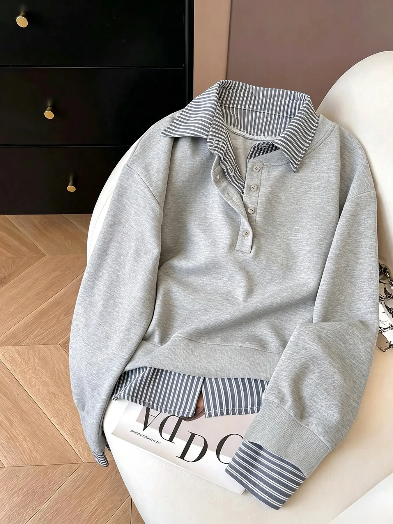 Women's 2-in-1 Layered Look Pullover Sweatshirt, Striped Shirt Collar, Cuffs and Hem, Button Placket, Long Sleeves, Drop Shoulder, Relaxed Casual Top for Everyday Wear, Work, Travel and Weekend Outfits
