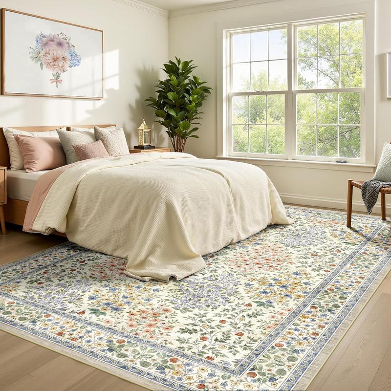 8x10 Area Rugs, Machine Washable Low Pile Floral Faux Cashmere Rugs for Living Room, Bedroom, Large Boho Area Faux Cashmere Rug with Non-Slip Backing for Dining Room(Beige Floral)