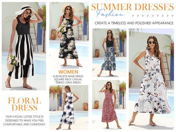 AUSELILY 2026 Womens Summer Dresses Sleeveless Maxi Dress Square Neck Casual Tiered Swing Dress with Pockets Summer Dress Sunshine Floral
