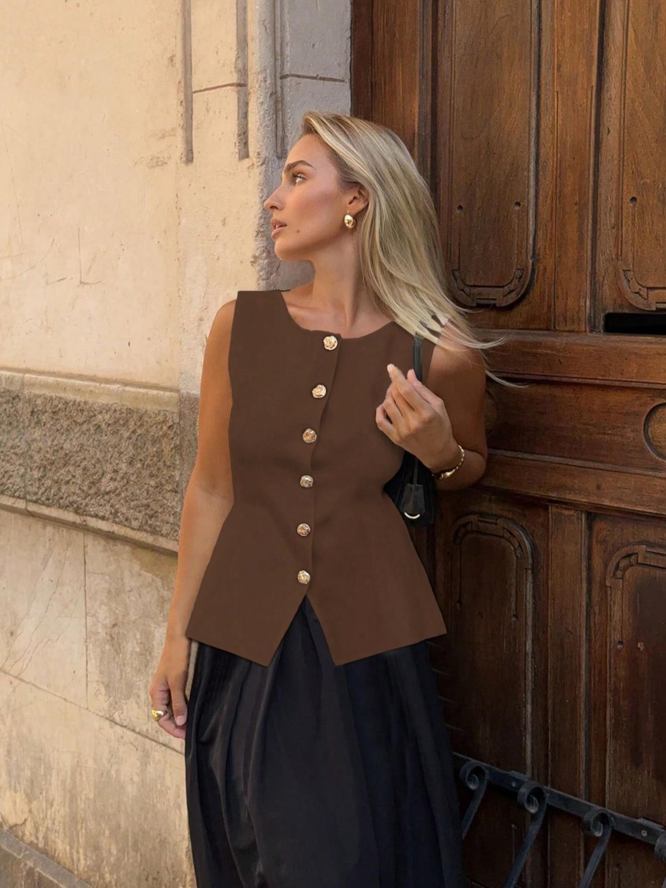 Women's Solid Color Button Front Tank Top, Elegant Sleeveless Top for Summer, Ladies Clothes for Daily Wear, Vests, Workwear