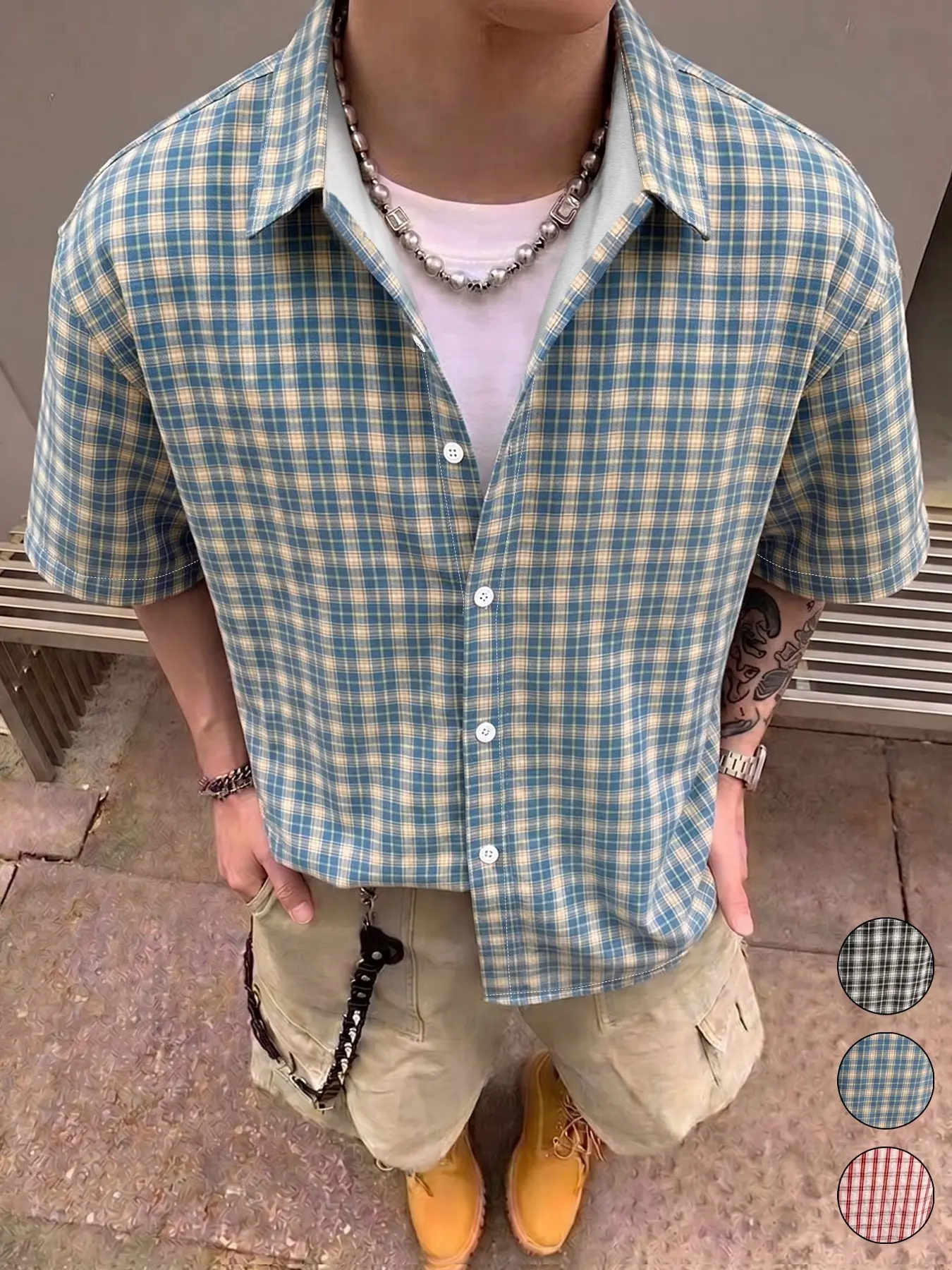 Unisex Vintage College Classic Style Plaid Short Sleeve Shirt, Three Colors Available, Lightweight Fabric, Loose Fit, Casual Blouse