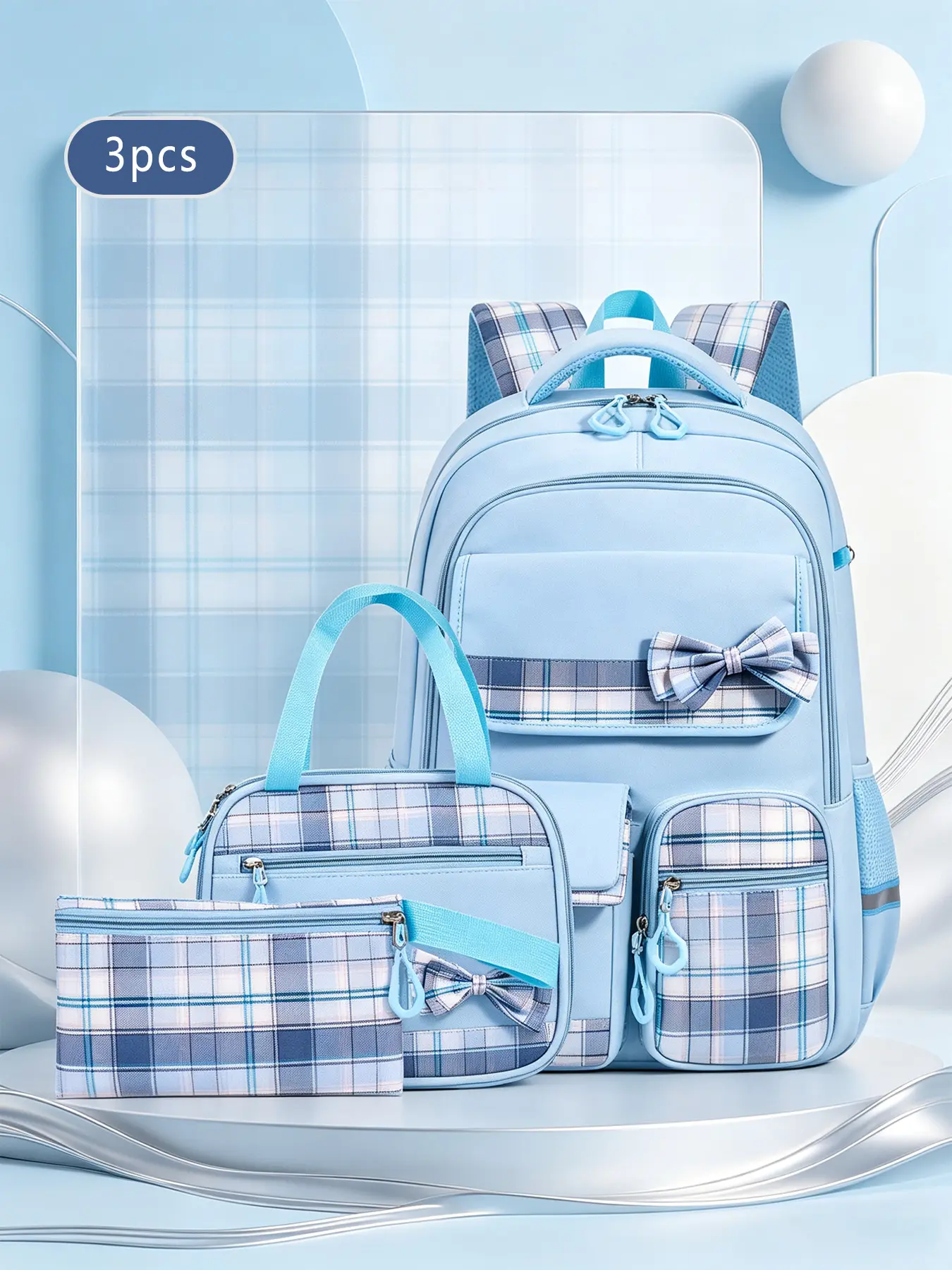 3Pcs Light Blue Plaid Spliced Backpack Set Plaid Bow Decor Matching Handheld Lunch Bag Slim Stationery Pouch Mesh Padded Shoulder Straps Multi-layer Storage Pockets for Campus Study Weekend Trips Daily Casual Outings