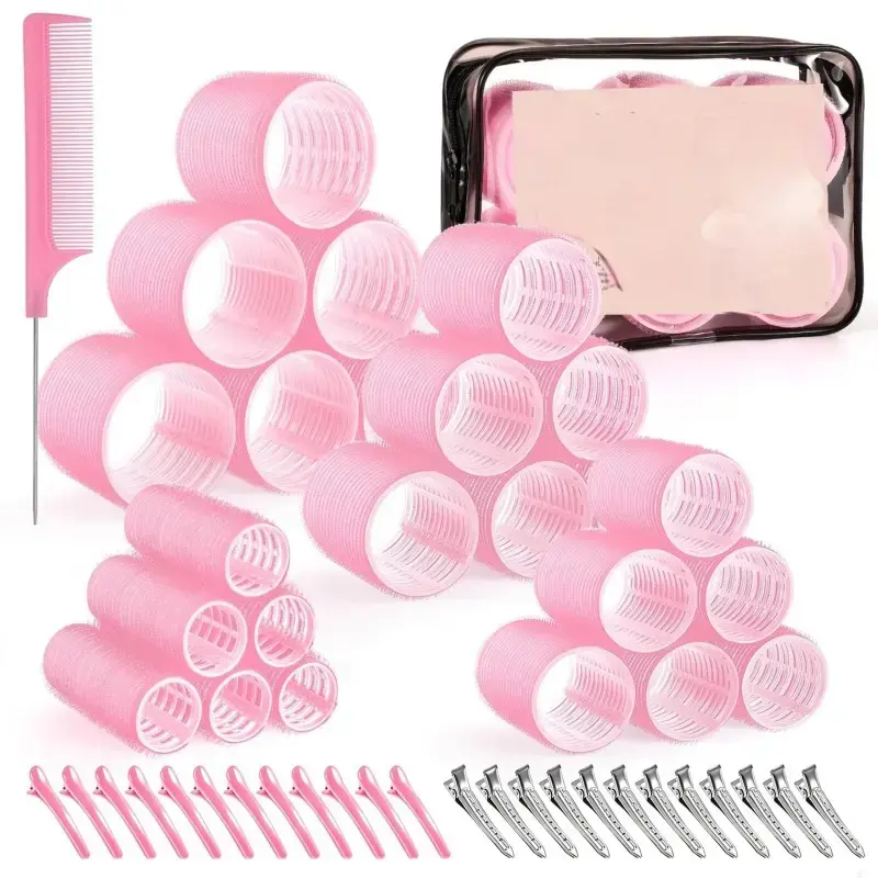 4 Sizes Hair Rollers Set for Long, Short Hair and Bangs - 50 Pcs with Clips (25mm, 36mm, 48mm, 60mm), Pink-L