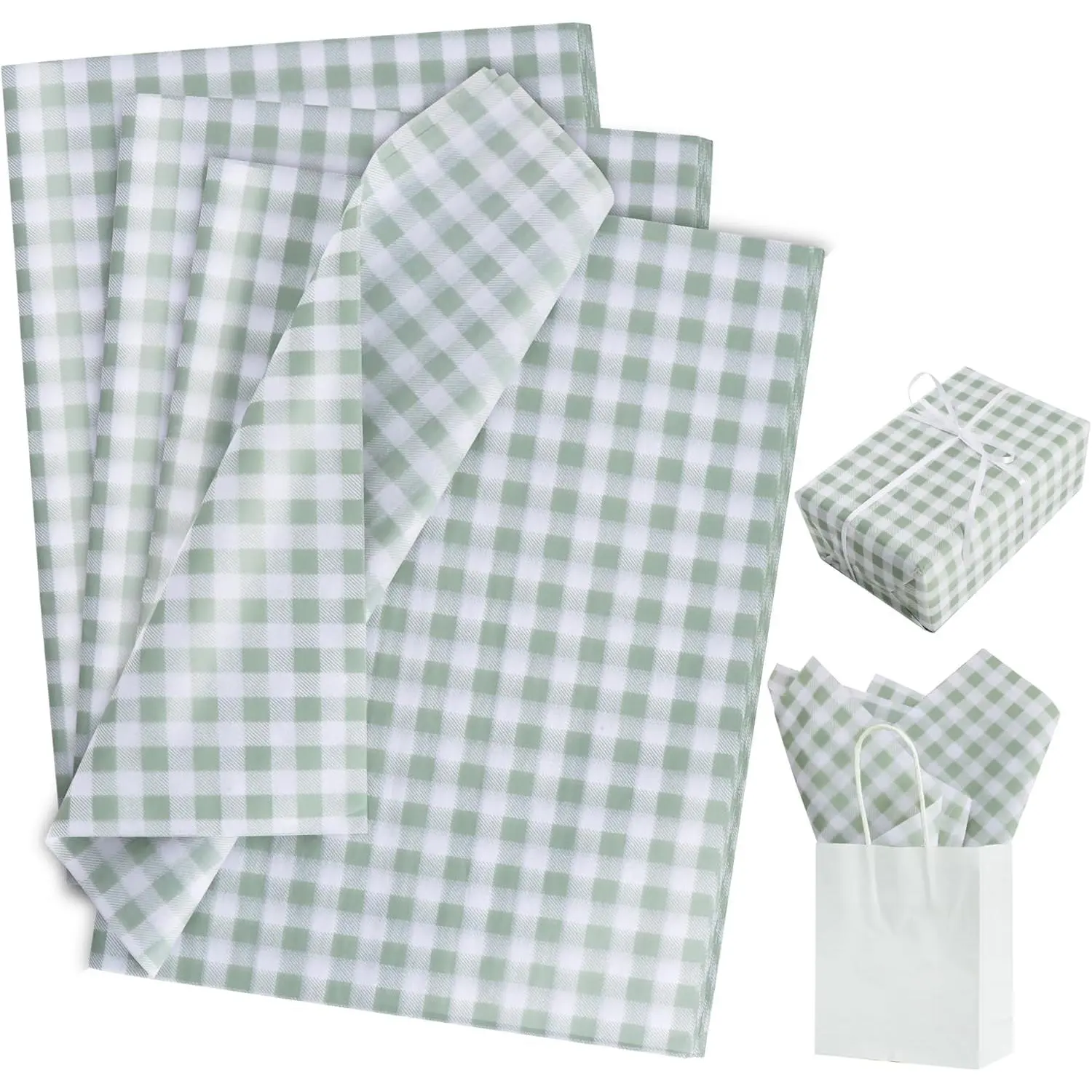 Gingham Tissue Paper Bulk,Sage Green and White Checkered Wrapping Tissue Paper for  Bags, 14 x 20 Inch  Wrap for Wedding Birthday Easter DIY Crafts Decor Holiday -50 Sheets