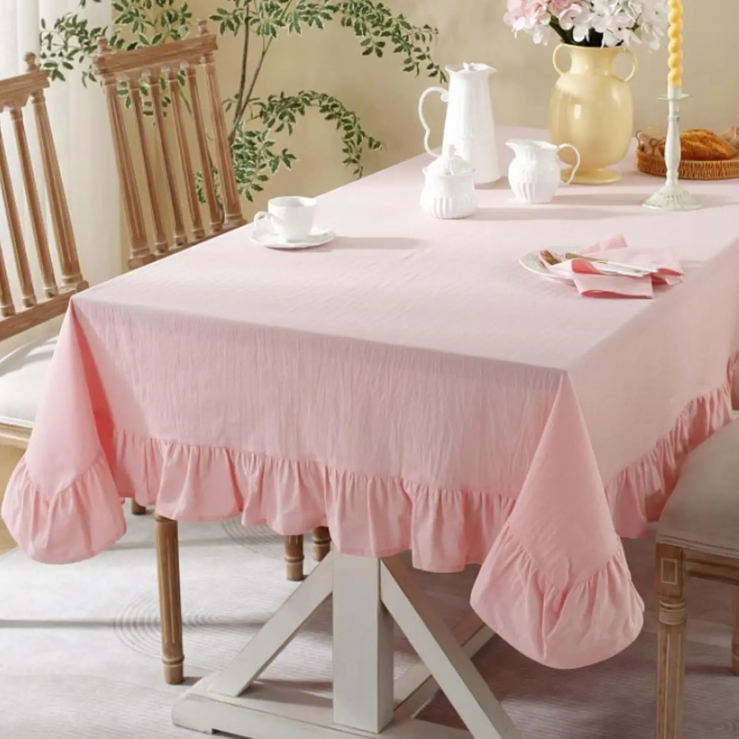 Solid Color Ruffled Tablecloth Cotton Rectangle Square Dining Table Cover| Classic Vintage Table Cloth for Kitchen Restaurant Party