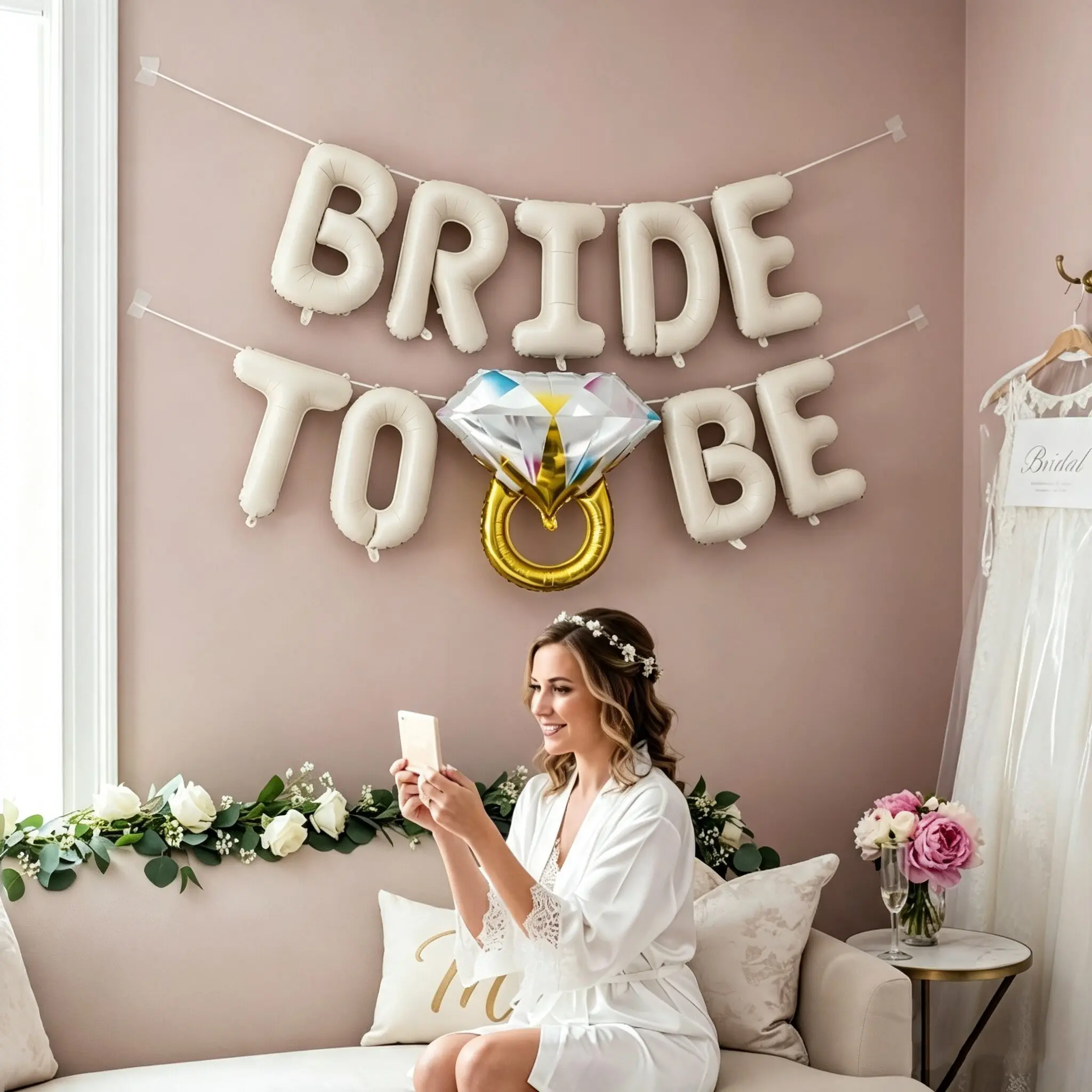 Cream White BRIDE TO BE Letter Foil Balloon Banner with Diamond Ring Balloon, Bridal Shower Bachelorette Party Decorations for Wedding Engagement Photo Backdrop