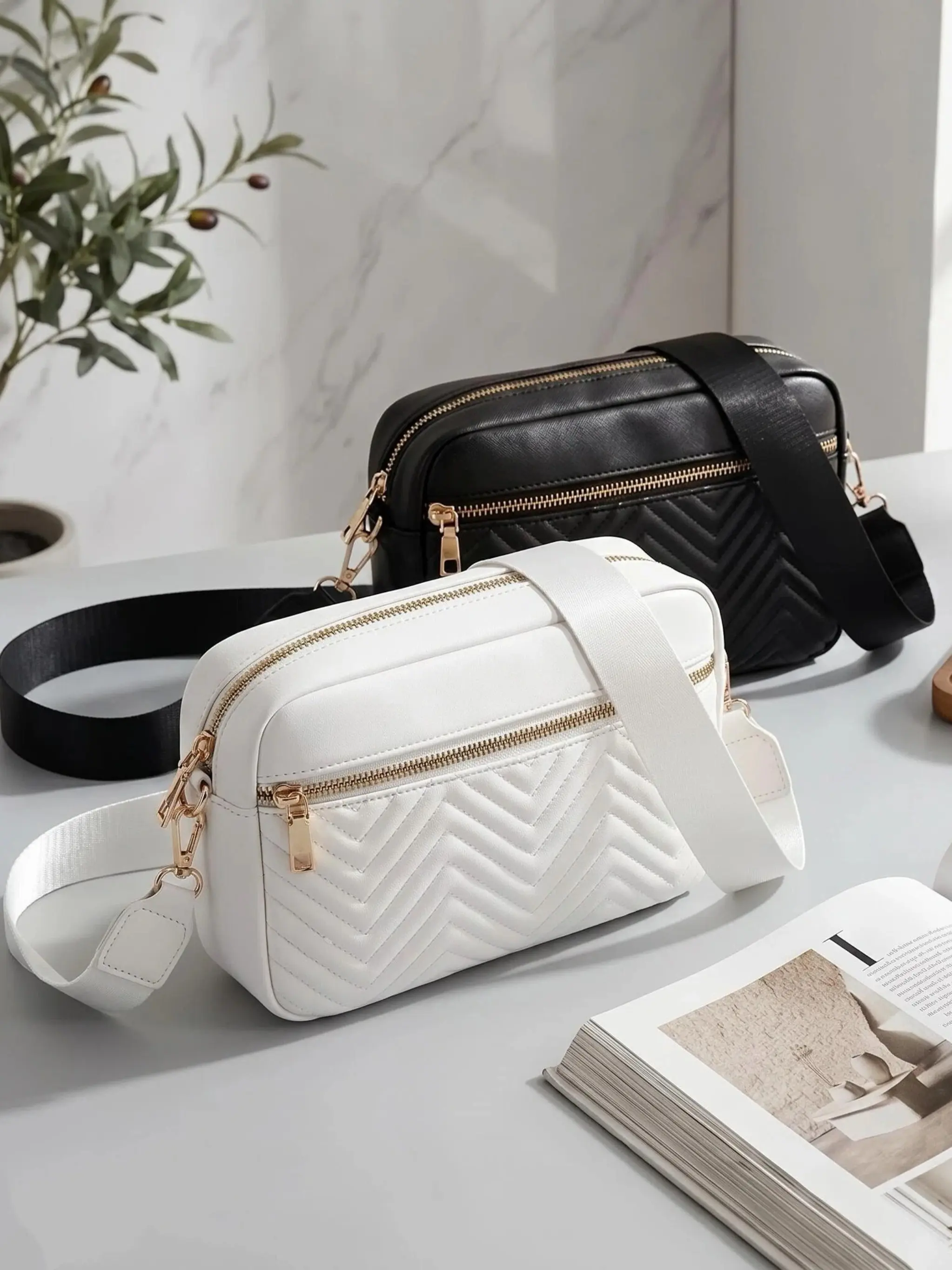 Single Crossbody Camera Bag, Minimalist Commuter Style, Herringbone Texture, Multiple Zippers, Loose Shoulder Strap, Urban Women's Daily Use