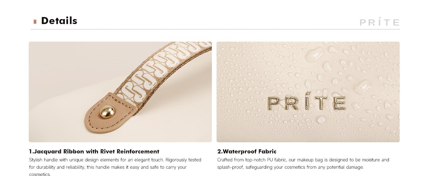 Prite Makeup Bag for Women Travel Waterproof Vegan Leather Cosmetic Bag Open Flat Toiletry Bag With Clear Divider and Handle (Beige)