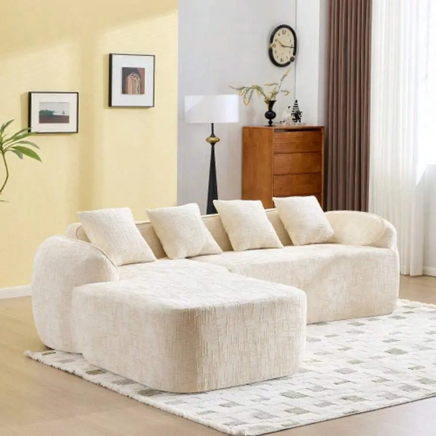 L-Shaped Chenille Compressed Sofa Couch With Curved Armrests And 4 Throw Pillows, Sectional Cloud Couch With Elastic Sponge, Modern Living Room Modular Boneless Sectional Sofa Apartment, Bedroom, Room, No Assembly Required
