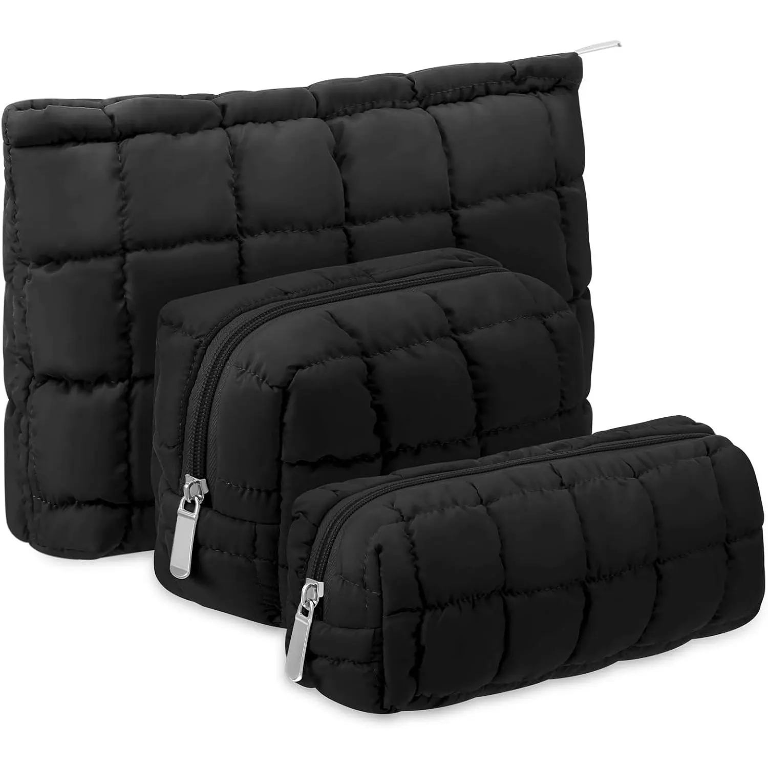 Women's Compact 3-Pcs Fluffy Quilted Makeup Bag Set, Checkered Puffer Organizer with Zipper - Daily Travel Toiletry Pouch, Preppy Pencil Case, Ideal Gift (Black), Durable, Cosmetic Bags