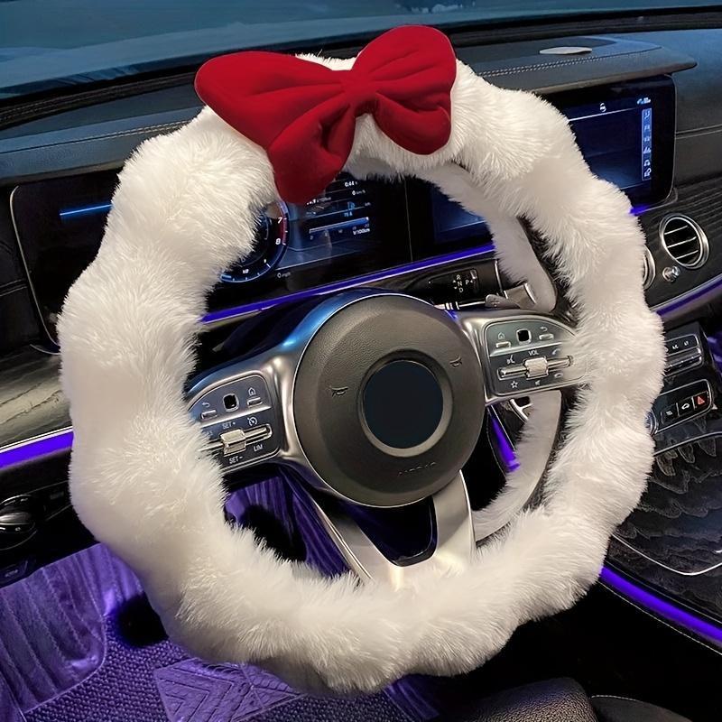 2026 NEW Plush Winter Car Steering Wheel Cover – Soft Polyester Interior Accessory with Cute Bowknot, Warm Non-Slip Fit for All-Season Comfort