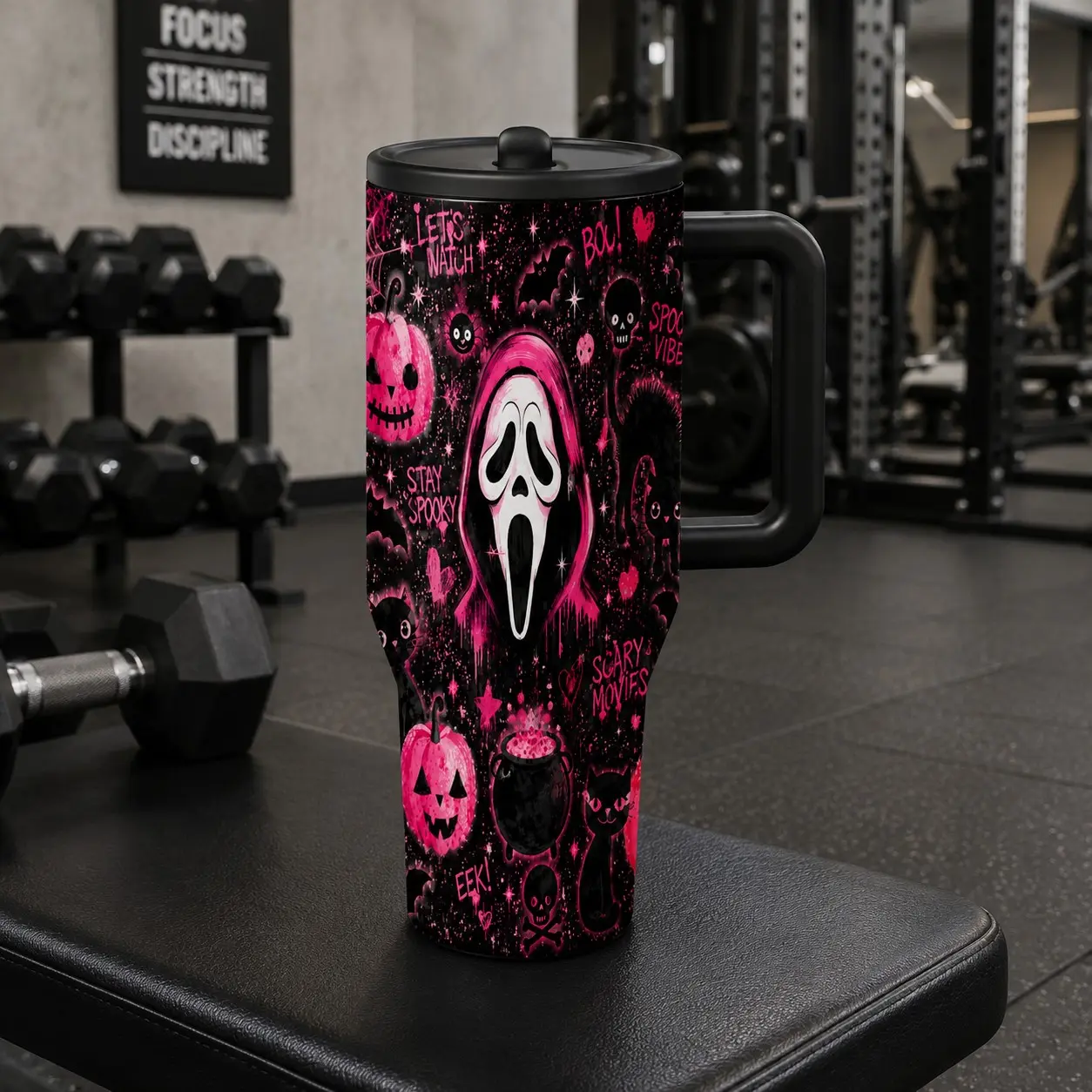 1PC 40oz Pink Black Horror Mask Pumpkin Cat Bat Pattern Insulated Stainless Steel Tumbler with Handle & Lid, Double Wall Vacuum Leak-Proof Travel Mug, Hot 12H Cold 24H, Large Water Bottle for Women Men, Halloween Birthday Gift