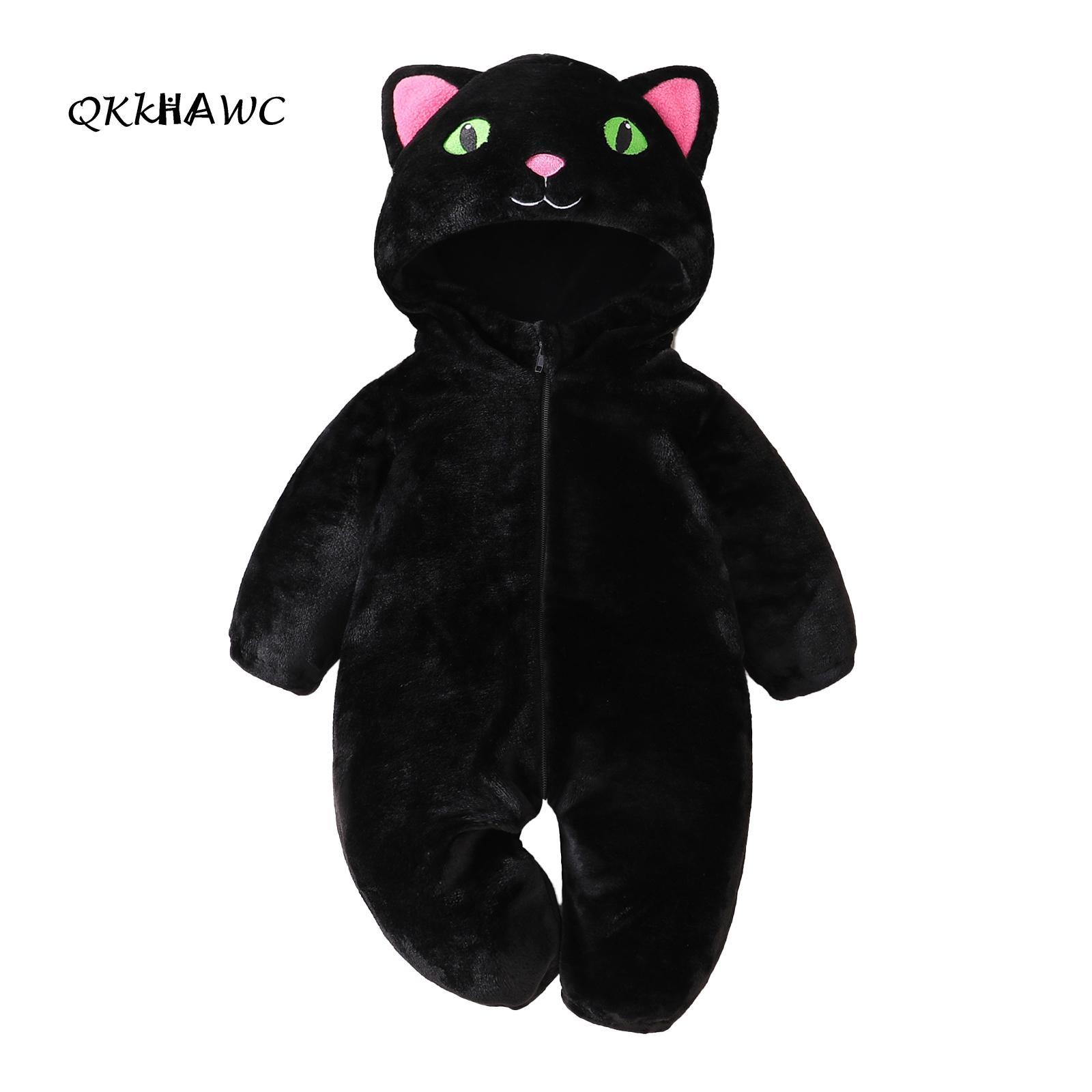 Baby Black Cat Costume Winter Warm Long Sleeve Hooded Romper Cute Warm Infant Jumpsuit