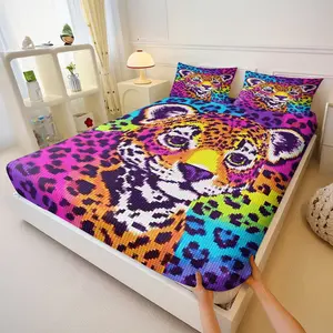 Pixel Art Rainbow Gradient Leopard Print 3‑Piece Fitted Sheet Set, No Filling Included, Polyester Bedding Set, Retro Y2K Alt Vibe Decor for Teen Master Bedroom, Neon Pixel Glam Suite, Colorful Leopard Themed Bedroom