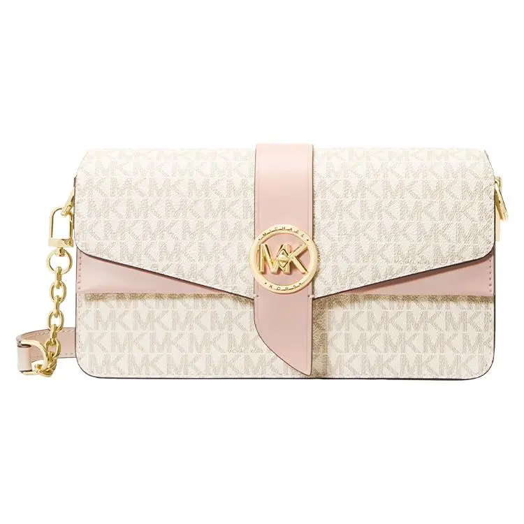 Michael Kors MK Greenwich Monogram Vintage Logo Faux Leather Shoulder Bag, Medium, Women, Vanilla White and Blush Pink