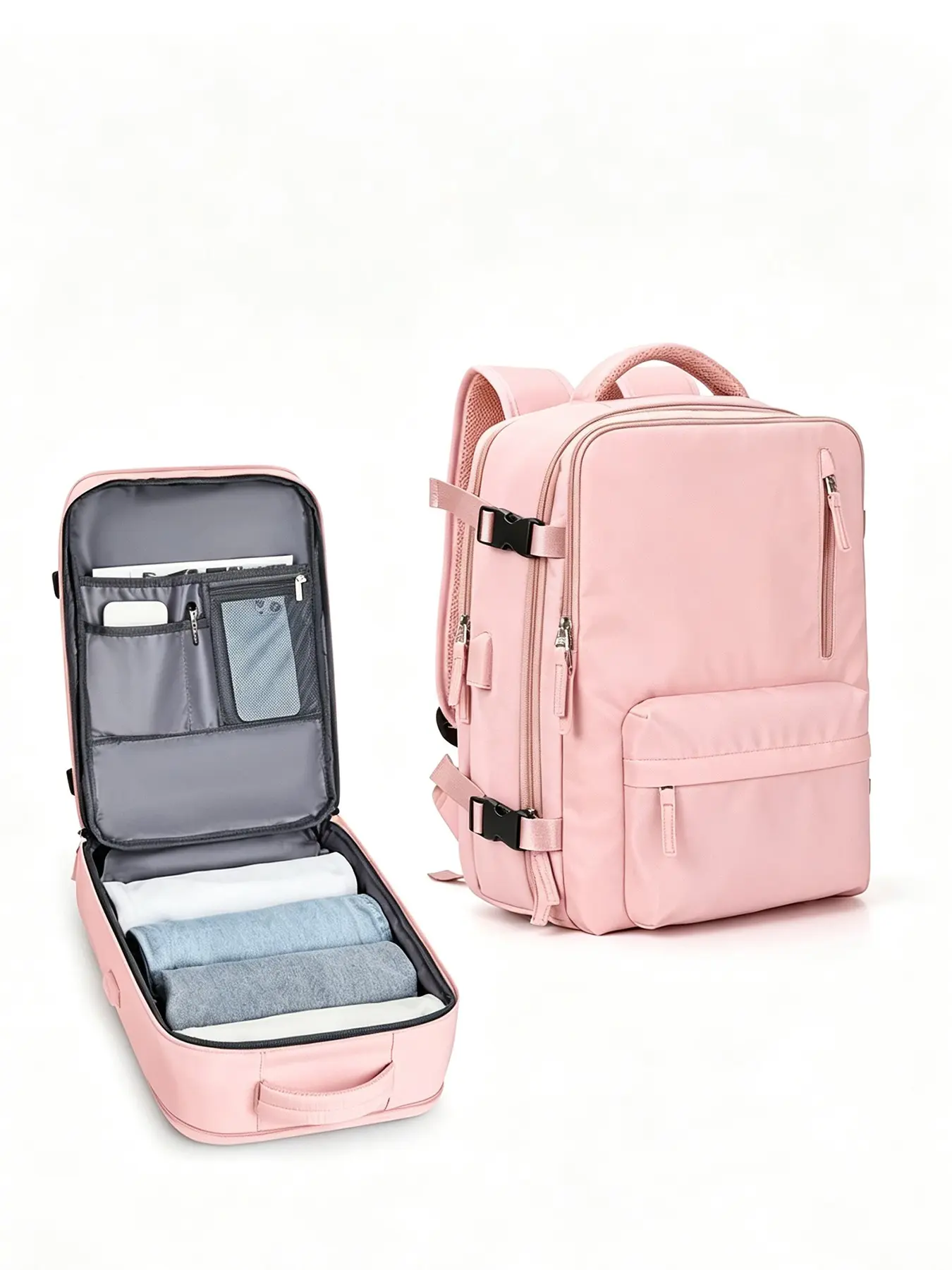 1pcGentle pink expandable travel backpack with multiple compartments, computer backpack with large capacity and multiple pockets, suitable for women's business trips, campus trips, and short weekend trips