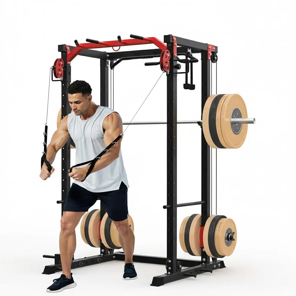 Power Rack Power Cage with Cable Crossover System, 2000LBS Squat Rack with LAT Pull Down System, Workout Cage with Pulley System for Fitness Home Gym Strength Training (Red&Black)