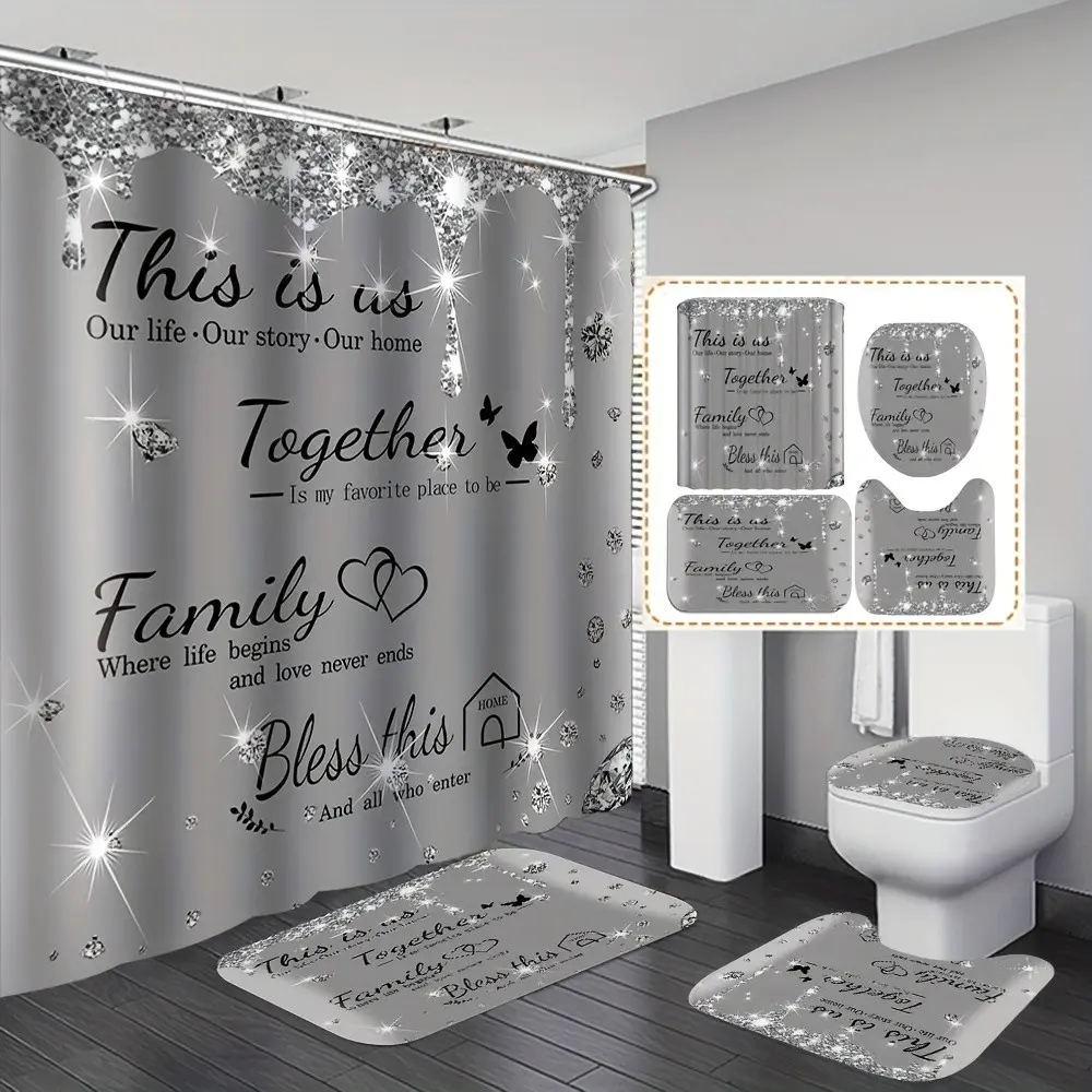 Luxurious Bathroom Curtain Set, 4-Piece Diamond Letter Print, Includes Bath Mat, Non-Slip Rug, Toilet Lid Cover, Home Decor