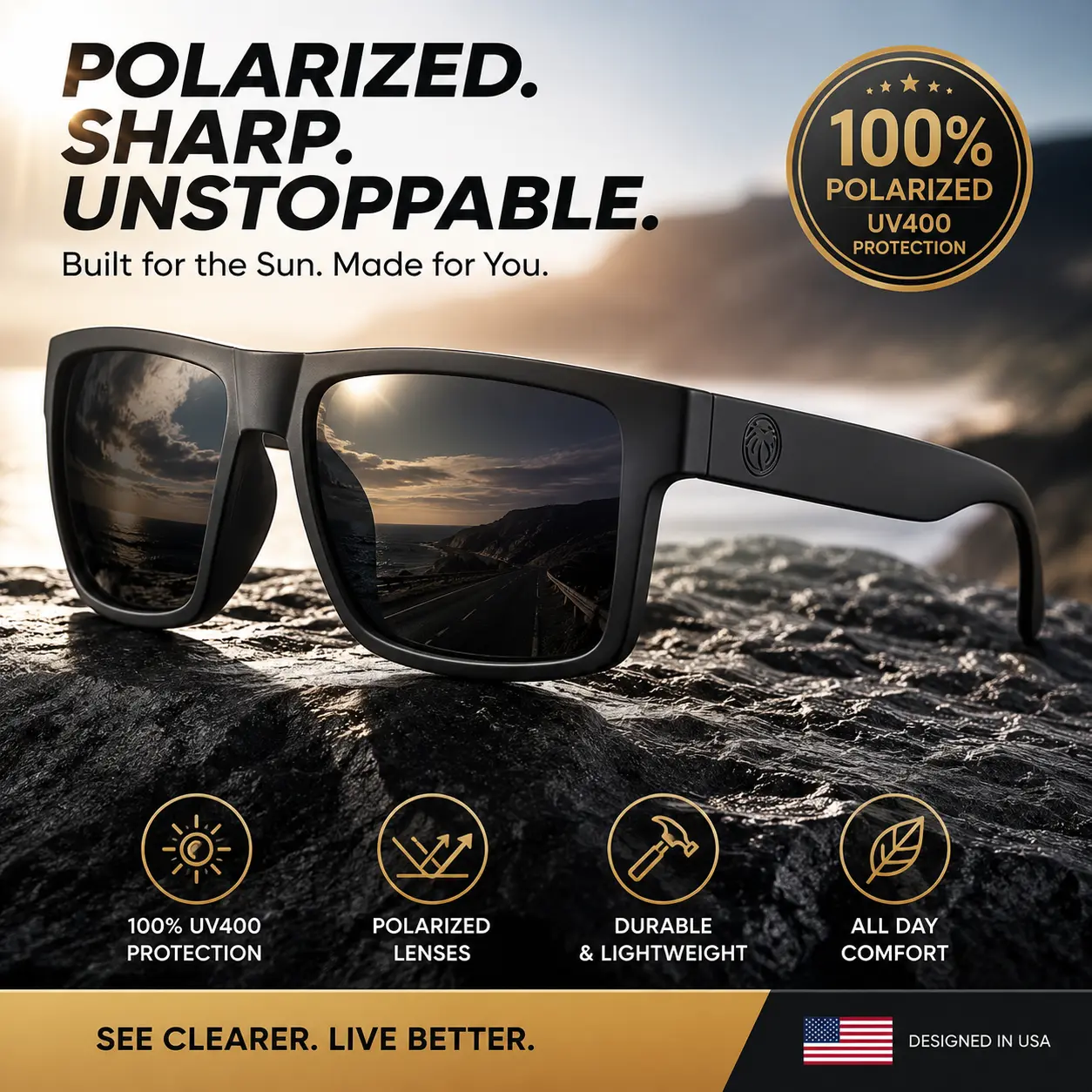 Polarized American Flag Sunglasses, Retro Square Shades, Unisex Driving Glasses, Blue Lens Outdoor Eyewear, UV400 Protection, Beach Sunglasses