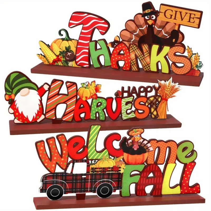 3-Piece Wooden Dining Table Decor Set for Thanksgiving, Autumn Decorations with Turkey, Pumpkin and Harvest Thankful Signs, Suitable for Home, Office and Party Use