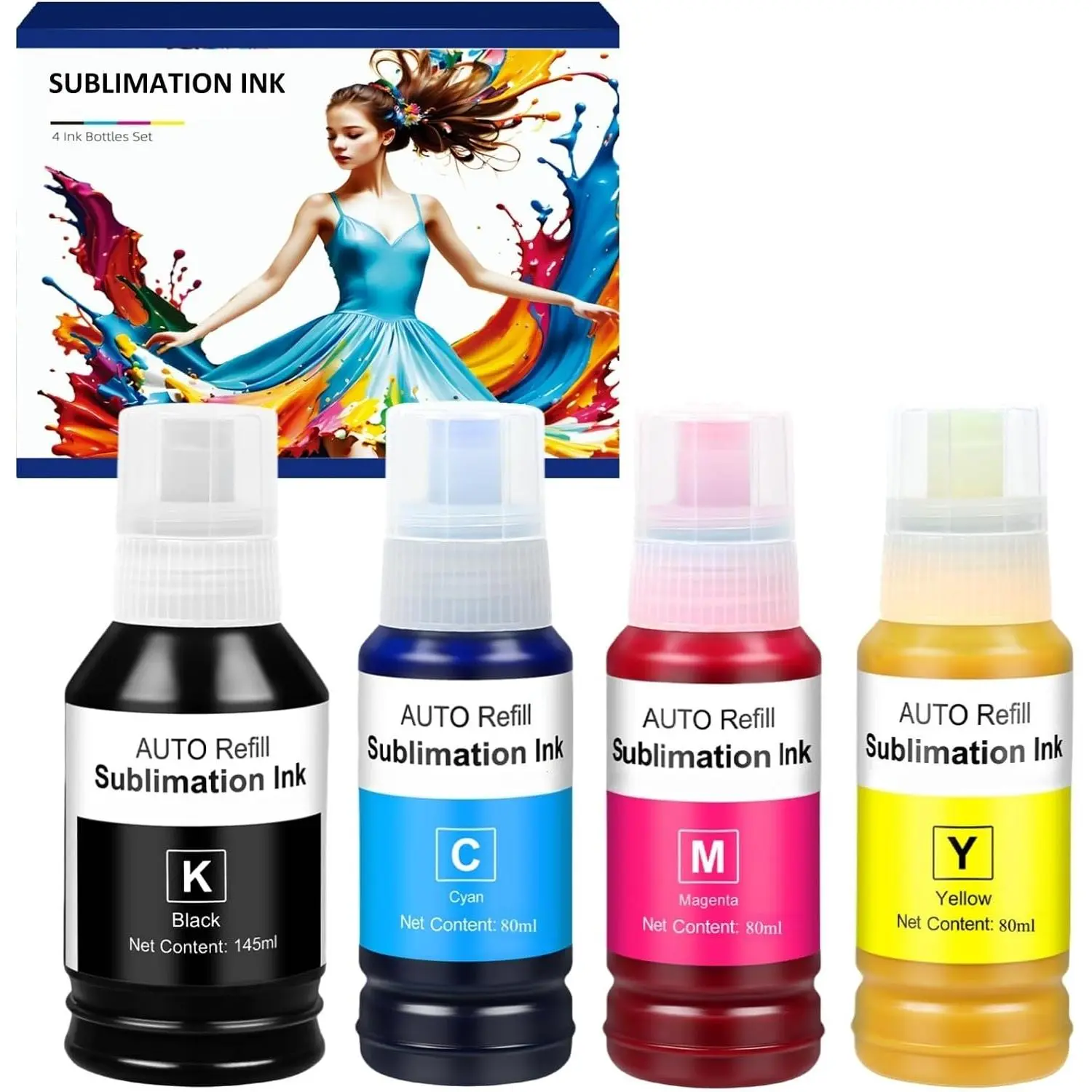 High Saturation Sublimation Refill Ink Refill Bottles with Smooth Coats for Epson ET-15000, ET-2400, ET-2800, ET-2850, ET-2803, ET-3850, ET-2720, ET-2760, ET-2840, ET-3830, XP-4100 Heat Press Printers