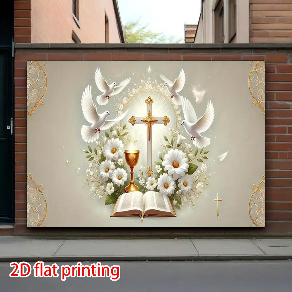 2D Flat, 2D Flat, 2D Flat Banner, One Baptism Party Background Banner, Dove Pattern, Floral Design, Cross Pattern, Suitable for Church, Birthday, Baptism, Shower, Wedding, Party, First Communion, Garden, Ro