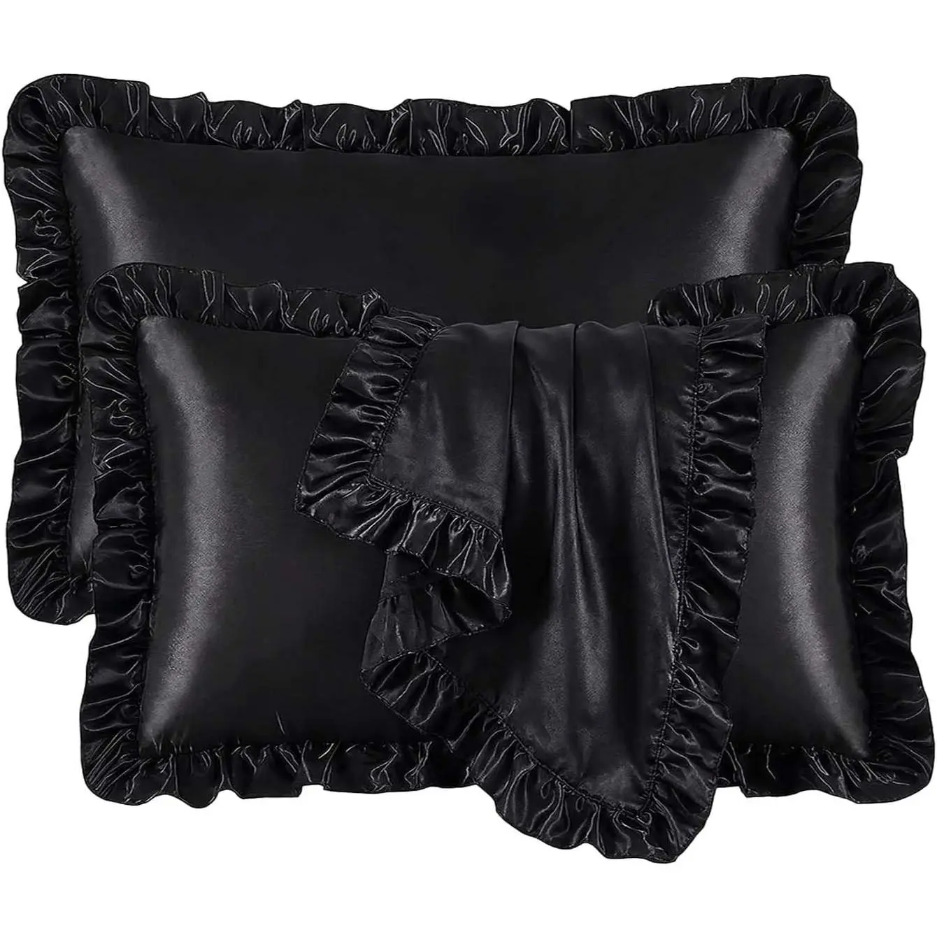 Ruffle Satin Pillow Cases  Size Set of 2, Ruffled Soft Cooling Silky Pillow Shams with Envelope Closure, Wrinkle Resistant Pillow Covers Room Decor Gifts, Black, 20x36 Inch