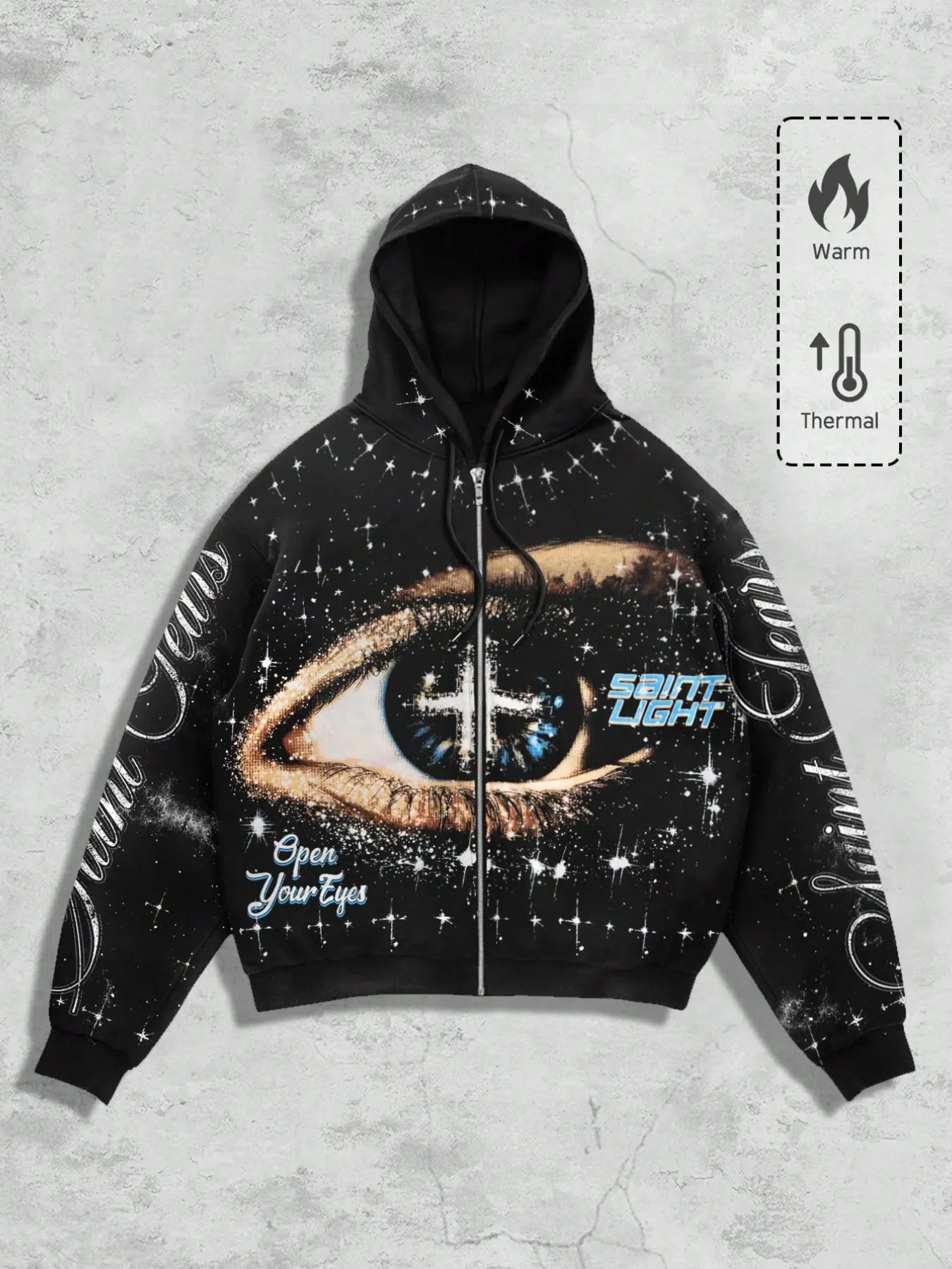 American Starry All-Seeing Eye Colorful Print Fleece Lined Zip-Up Hoodie, Retro Gothic Stars Full Print Short Warm Hooded Sweatshirt, Dark High Street Trendy Couple Winter Open Front Pullover